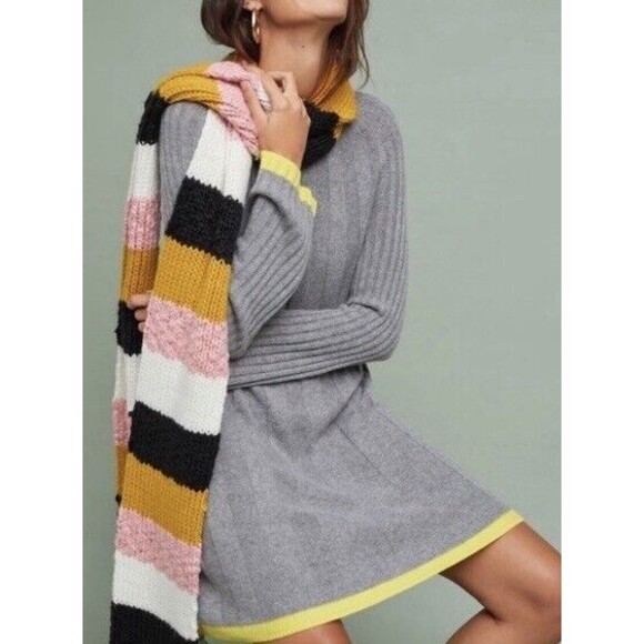 Anthropologie Arsenau Ribbed Wool Blend Gray/Yellow Sweater Dress Size M EUC!!! - Picture 1 of 6